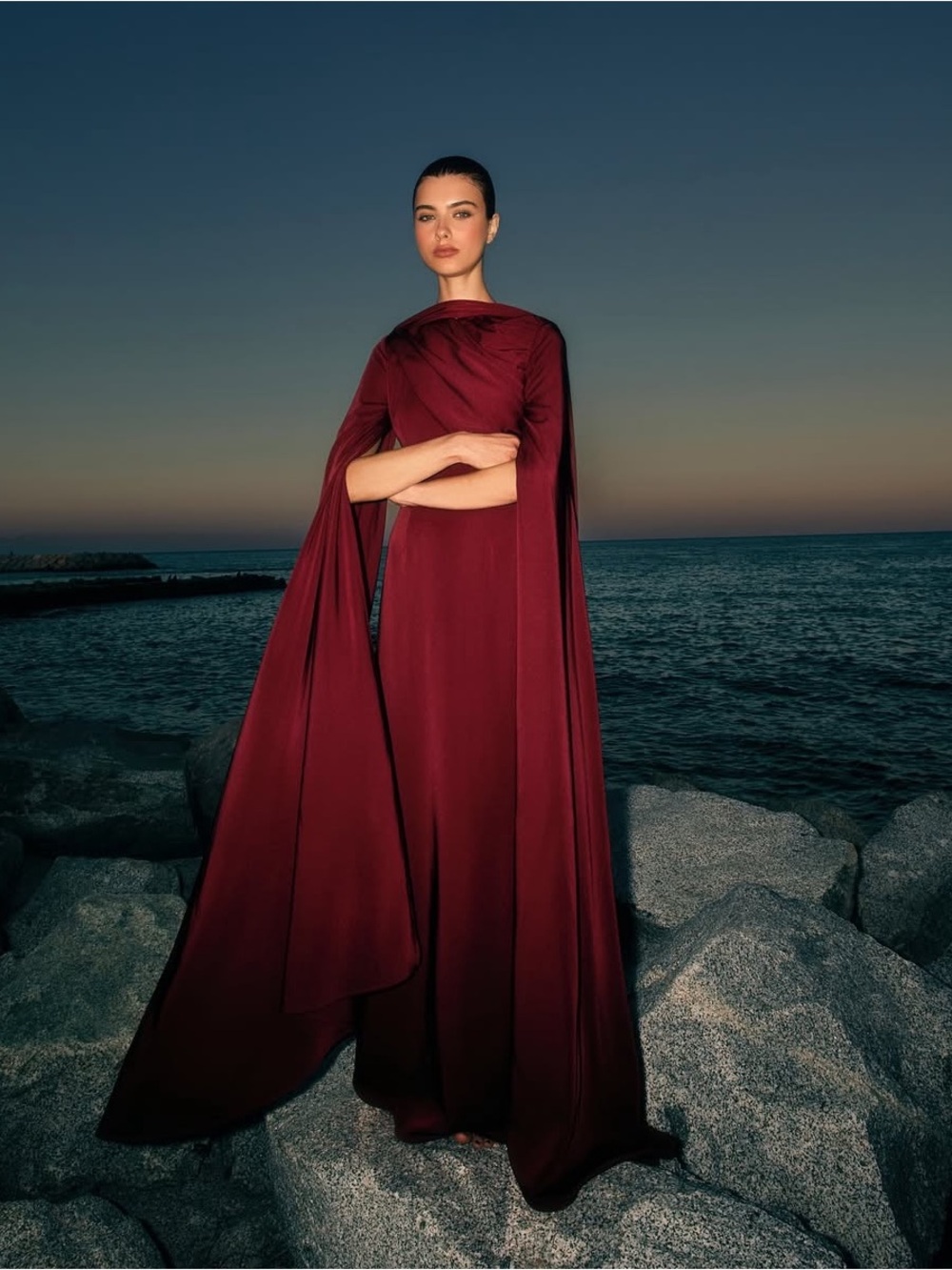 NEW NWT Khanums Korello Satin Cape Sleeve Maxi Dress Red Burgundy